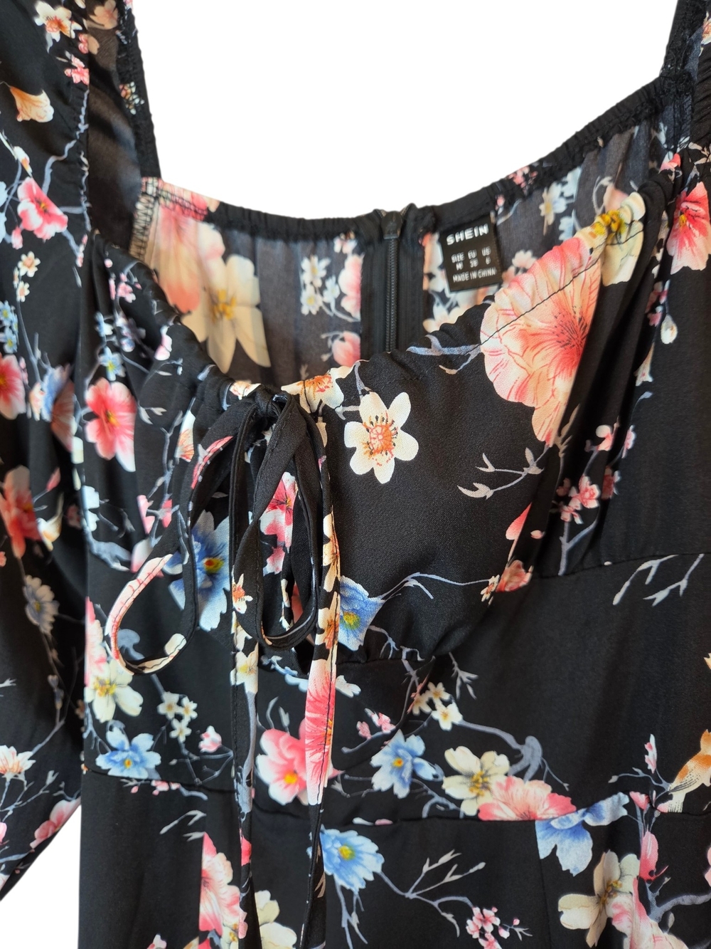 Shein Black Floral Square Neck-Line/Long Sleeve Maxi/Midi Dress Women's Size 6 - Picture 2 of 11